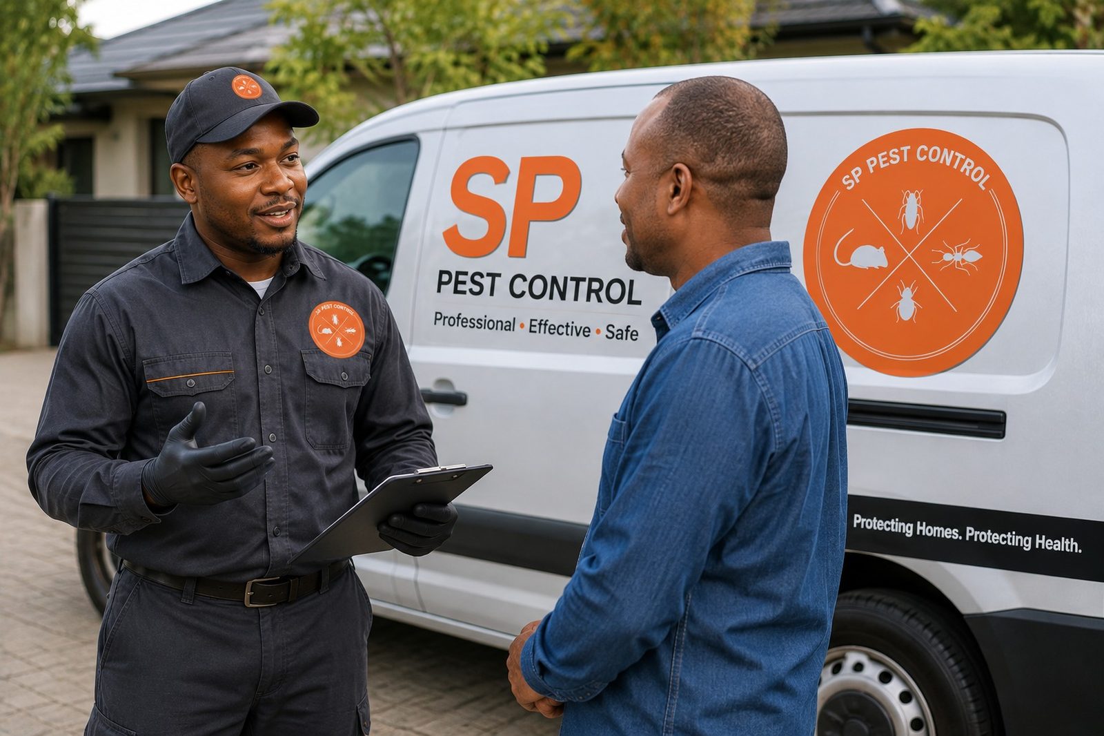 SP Pest Control technician speaking with a customer